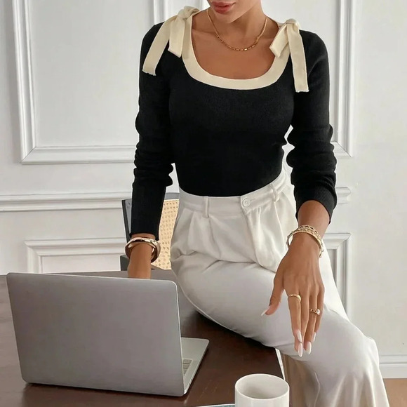 Black Casual Women's ' Contrast Color Tie Front Long Sleeve Sweater - Picture 4 of 6